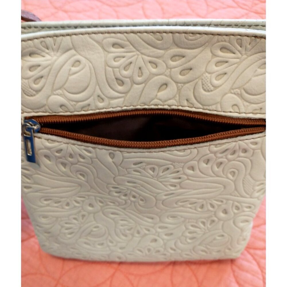 Zagara Women's Crossbody Shoulder Bag Tooled Leather Italy Ivory & Tan 8.5x9.5 - Picture 5 of 10